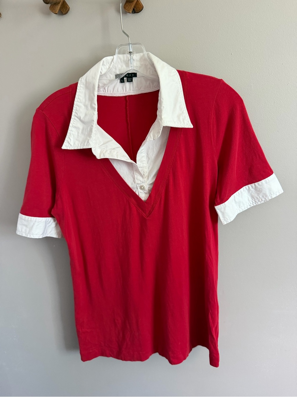 Vintage Theory Red White Layered Collar Short Sleeve Shirt L